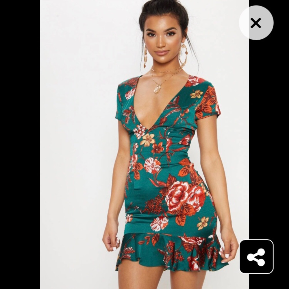 Emerald Green Criss Cross Back Frill Hem Bodycon Dress